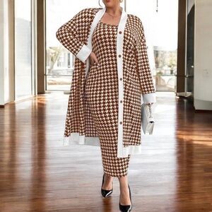Two Piece Front Button Houndstooth Dress Set, US Size 18